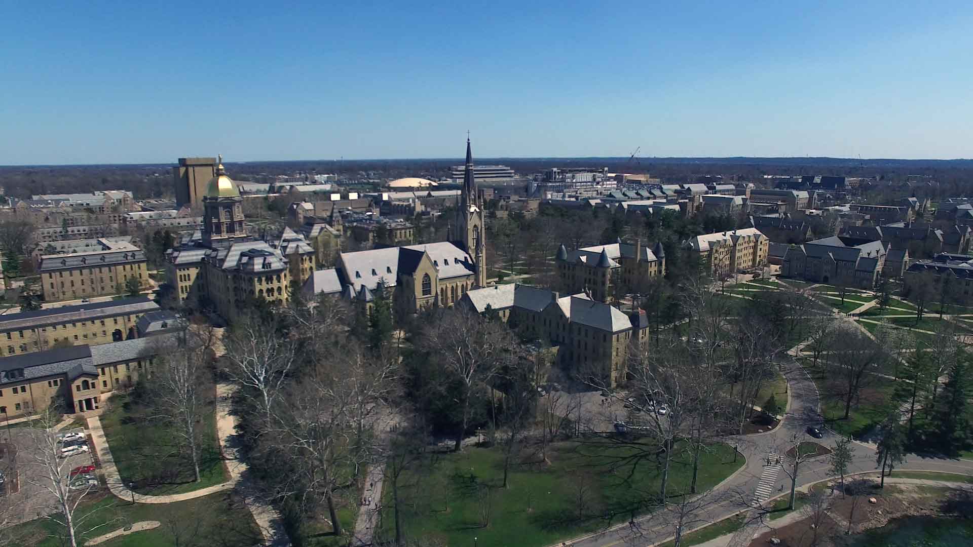 Aerial view of Notre Dame University taken from a drone.