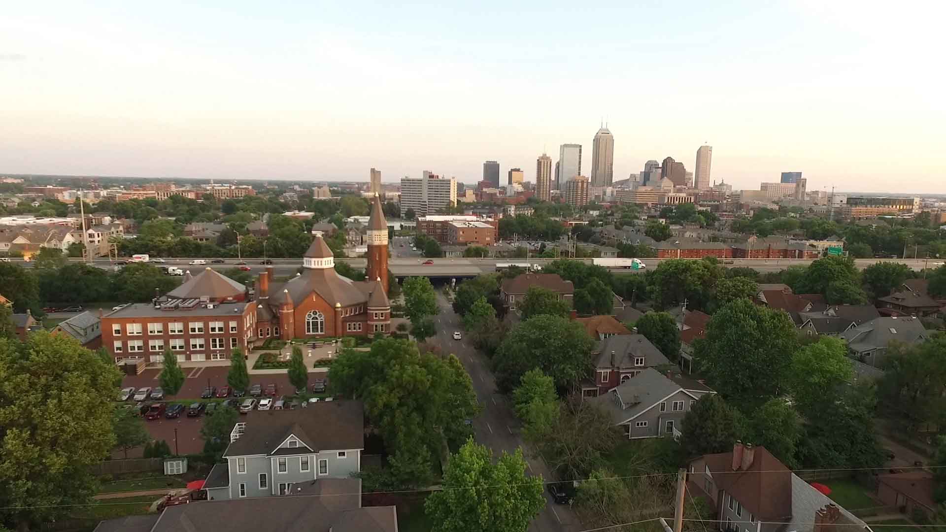 Aerial view of Indianapolis and the Indiana Landmarks Center.