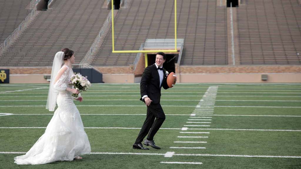 Wedding at Notre Dame Stadium in South Bend, IN. Cold spring time.