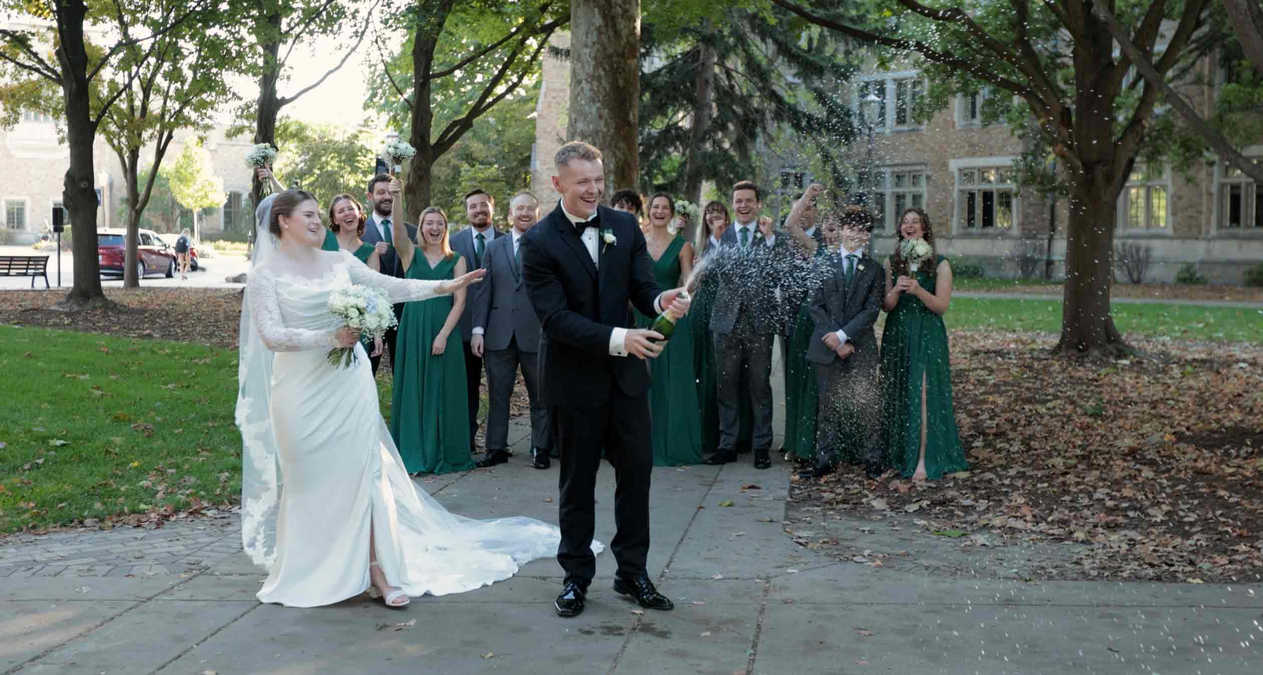 Champagne toast on perfect Notre Dame wedding day in South Bend, IN