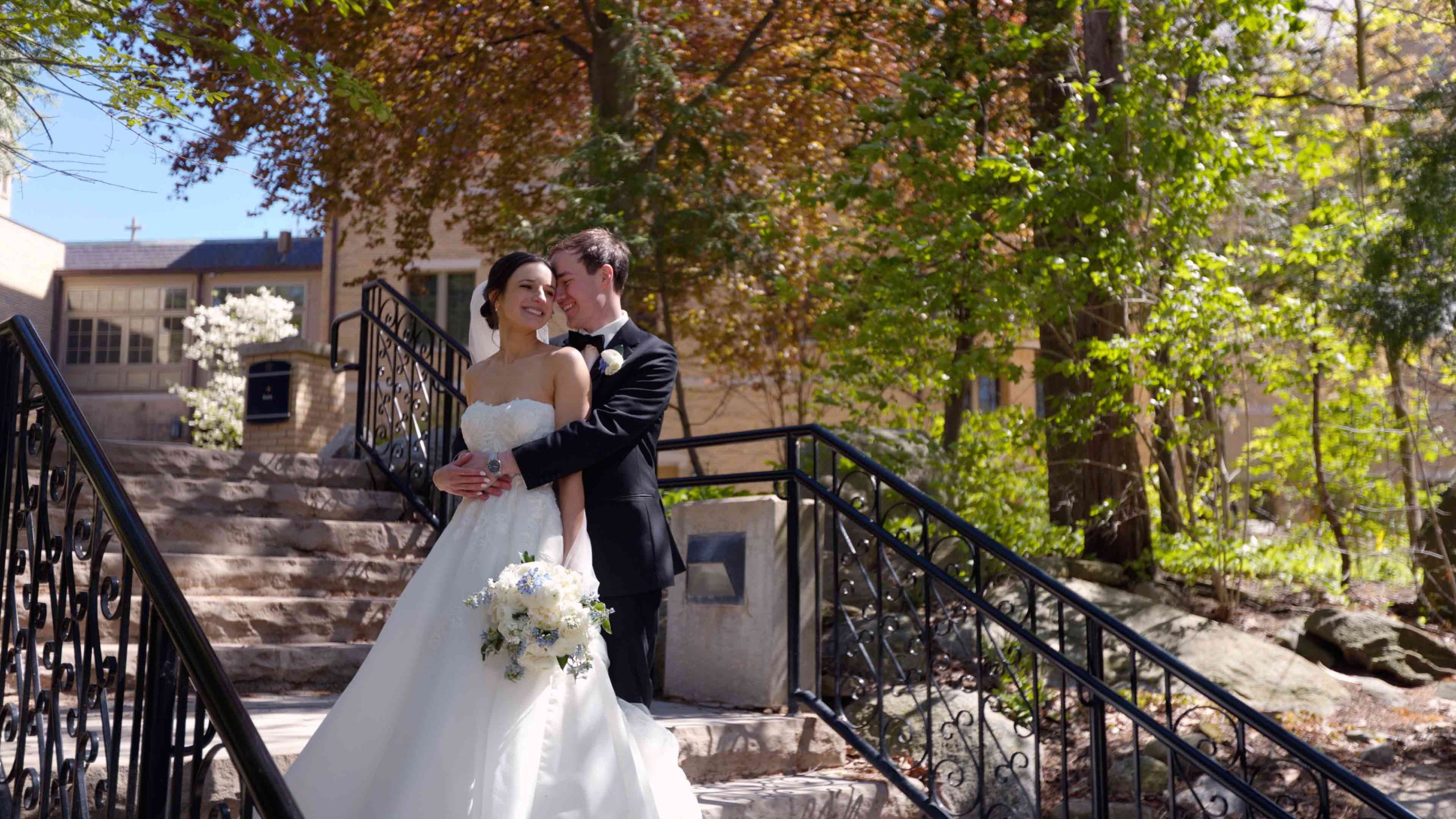 Couples photo on wedding day at Notre Dame University in Indiana.